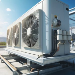 Condenser unit or compressor outside factory plant. Unit of ac air conditioner, heating ventilation or hvac air conditioning system.